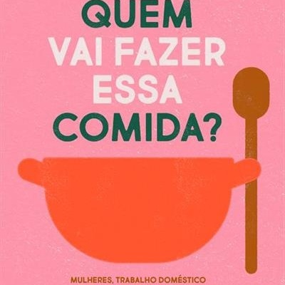 Capa de livro com ilustração de panela, colheres e texto em rosa, laranja, verde e dourado