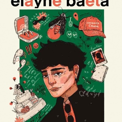 Capa de livro com ilustração de um jovem e vários desenhos e objetos à volta em fundo verde