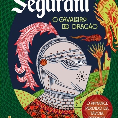 Capa de livro com ilustração de cavaleiro, dragão e texto colorido