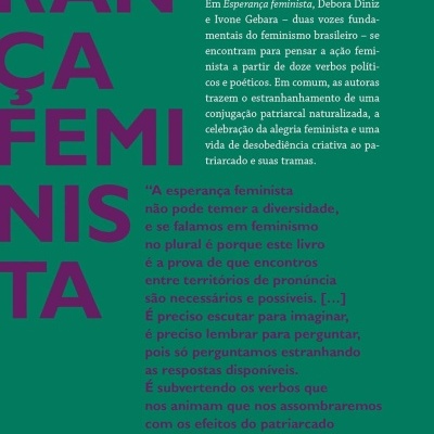 Texto relacionado ao livro Esperança feminista com fundo verde e letras em roxo e branco