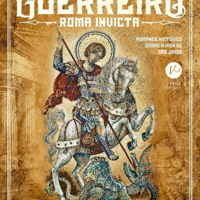 Capa de livro SANTO GUERREIRO com mosaico de São Jorge a lutar contra dragão.