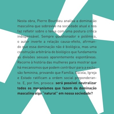 Capa traseira do livro em azul turquesa com texto e formas geométricas brancas e pretas.
