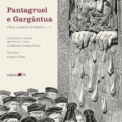 Capa de livro Pantagruel e Gargântua com ilustração de uma cabeça grande a chorar e várias pessoas em baixo.
