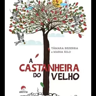 Capa de livro com árvore castanheira, pássaros e texto do título e autores