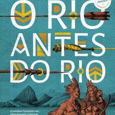 Capa de livro O RIO ANTES DO RIO com elementos gráficos e indígenas desenhados