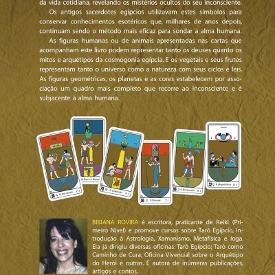 Capa traseira de livro com cartas de tarô egípcio coloridas, texto em português, foto da autora e código de barras