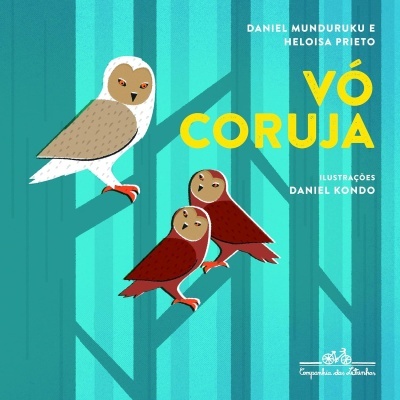Capa de livro infantil com ilustração de três corujas e texto em amarelo e branco