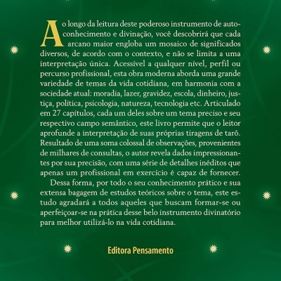 Contracapa do livro com texto em verde, dourado e branco sobre Tarô de Marselha e código ISBN