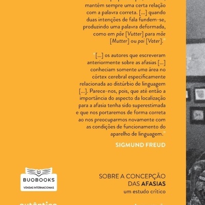 Parte traseira de livro sobre afasias com texto em português e design laranja