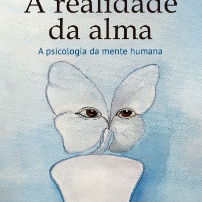 Capa de livro azul claro com título, autor e uma borboleta branca com olhos.