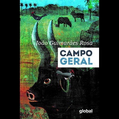 Capa do livro Campo Geral com boi preto e galos no campo