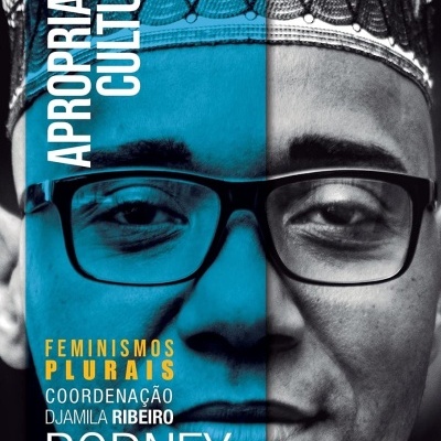 Capa de livro com rosto dividido ao meio e texto sobre apropriação cultural.
