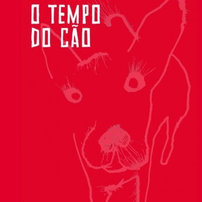 Capa de livro vermelha com desenho abstrato de cão e texto em branco.