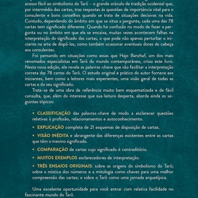 Contracapa de livro azul-esverdeada com texto em branco e amarelo sobre Tarô e ISBN