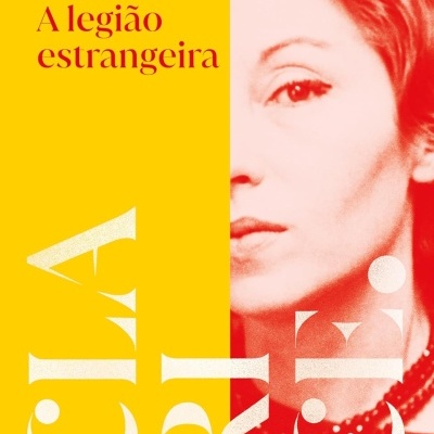Capa de livro com fundo amarelo e fotografia artística em tons vermelhos de uma mulher.