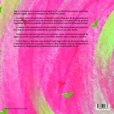 Contracapa de livro infantil com fundo rosa, texto em português e código de barras.