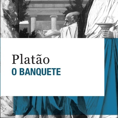 Capa de livro O BANQUETE de Platão com imagem de figuras em túnicas antigas e colunas ao fundo