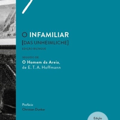 Capa de livro azul com o título O INFAMILIAR e texto informativo da edição