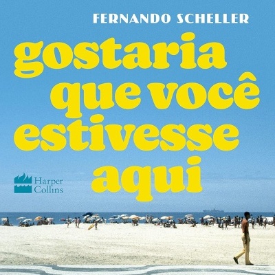 Capa de livro azul com título amarelo e imagem de praia e pessoas.