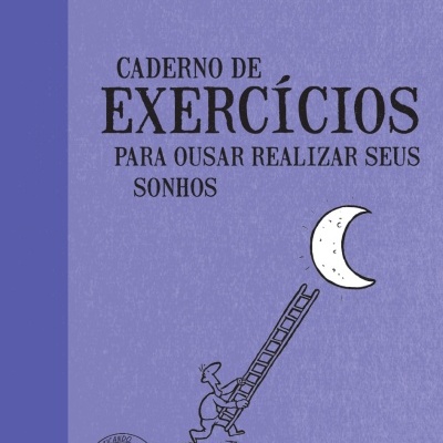 Capa de livro roxa com texto e ilustração de pessoa subindo escada em direção a uma lua.