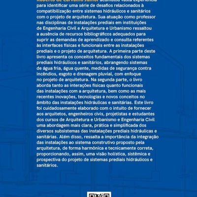 Contra-capa azul de livro com texto, código de barras, QR code e logótipo Blucher