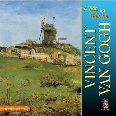 Capa de livro com pintura de moinho de vento e texto sobre Vincent Van Gogh