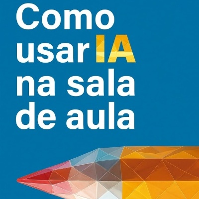 Capa de livro azul com lápis estilizado e título sobre IA na sala de aula.