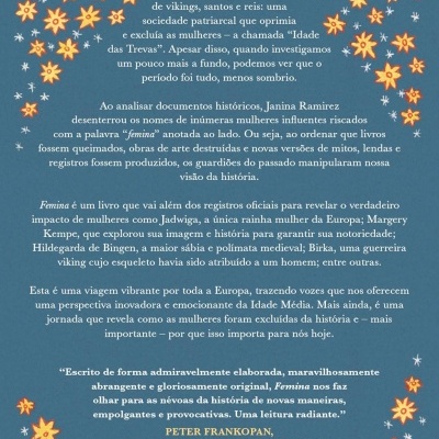 Capa traseira de livro com texto e estrelas amarelas e laranja sobre fundo azul