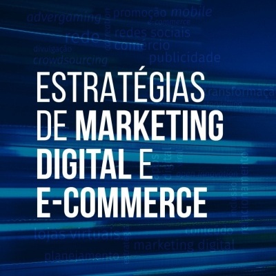 Capa de livro azul escuro com texto branco sobre marketing digital e e-commerce