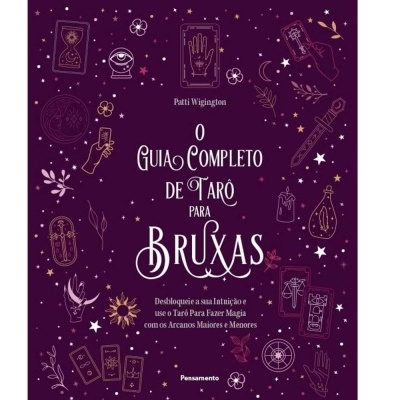 Capa de livro do guia completo de tarô para bruxas em roxo com ilustrações místicas.