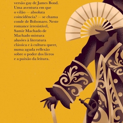 Contra-capa de livro com texto em português e ilustração de figura vestida com casaco decorado, chapéu, leque e bengala