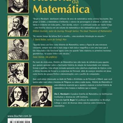 Contracapa do livro História da Matemática com imagens de matemáticos históricos e texto descritivo.