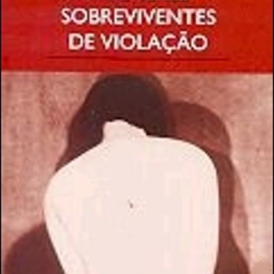 Capa de livro vermelha e bege com título MULHERES SOBREVIVENTES DE VIOLAÇÃO e silhueta de mulher de costas