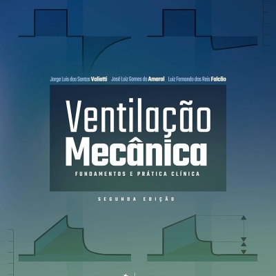 Capa de livro azul e verde com texto técnico sobre ventilação mecânica