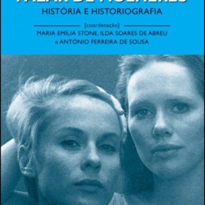 Capa do livro Falar de Mulheres com foto de duas mulheres e texto em azul e branco
