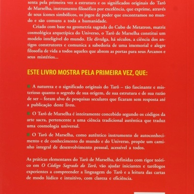 Contracapa de livro vermelho com texto sobre o Tarô de Marselha e código de barras