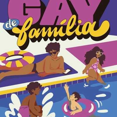 Ilustração colorida com duas pessoas na borda de uma piscina e duas na água, e texto de título em letras grandes