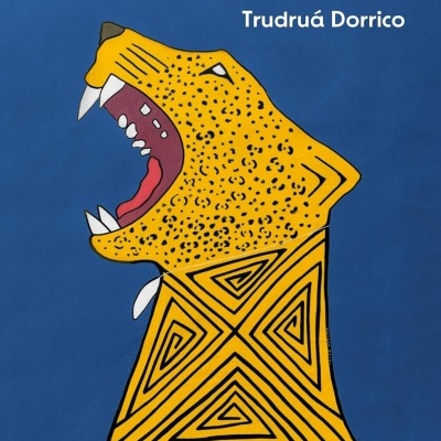 Capa de livro azul com ilustração de cabeça de onça amarela e texto TEMPO DE RETOMADA Trudruá Dorrico.