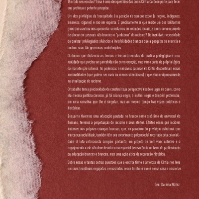 Contracapa de livro em vermelho com tecido felpudo rosa e branco na borda esquerda e texto em português.