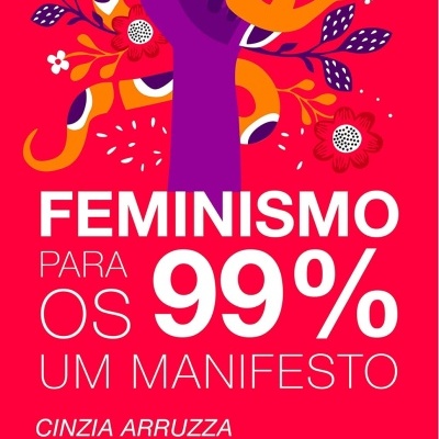 Capa de livro Feminismo para os 99% em fundo vermelho com punho roxo e elementos decorativos coloridos