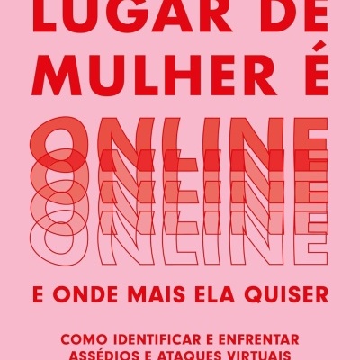 Capa de livro rosa com texto vermelho sobre assédios virtuais