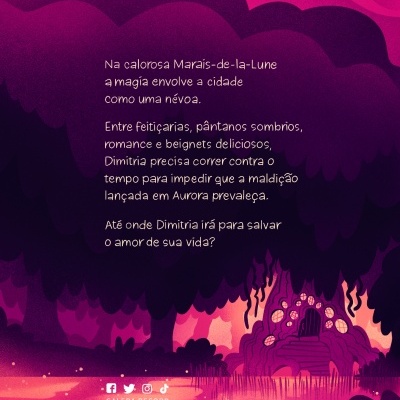 Ilustração colorida em roxo e rosa com casa na floresta e texto em português