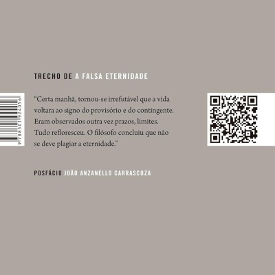 Contracapa de livro com trecho de texto, código QR e código de barras