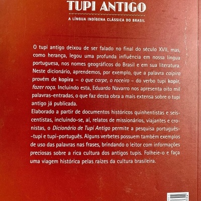 Capa traseira de livro vermelho com texto branco e amarelo sobre Tupi Antigo da editora global.