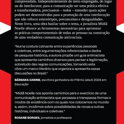 Contracapa de livro com texto sobre comunicação antirracista, fundo preto, grafismos vermelhos e brancos, código de barras e logo Planeta