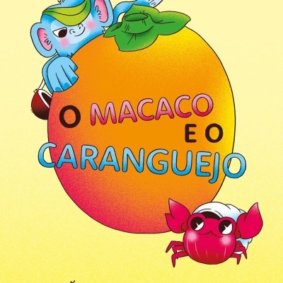 Capa de livro com um macaco azul, um caranguejo vermelho e uma grande fruta laranja