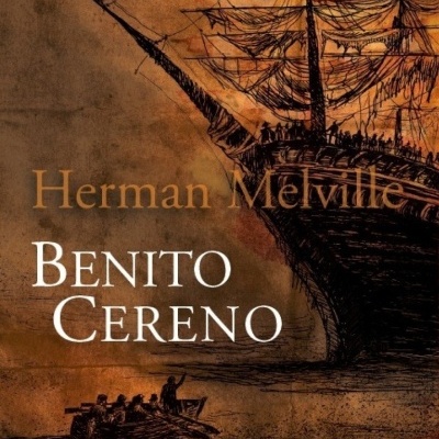 Capa de livro com ilustração de navio e texto Benito Cereno de Herman Melville