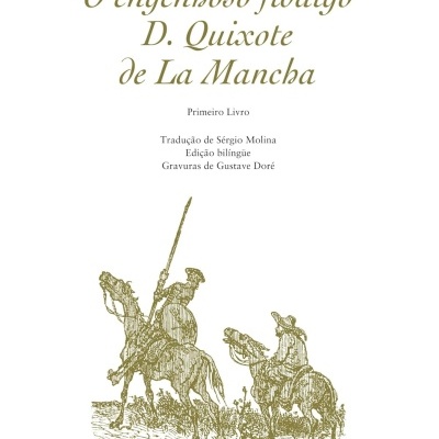 Capa de livro branca com título e ilustração dourada de dois cavaleiros a cavalo