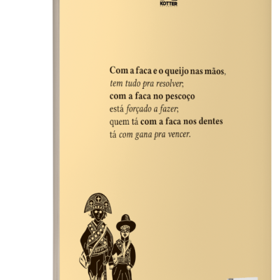 Capa traseira de livro bege com texto e ilustração preta.