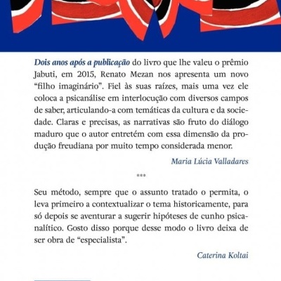 Contracapa de livro com padrões vermelhos, pretos e brancos e texto em português europeu